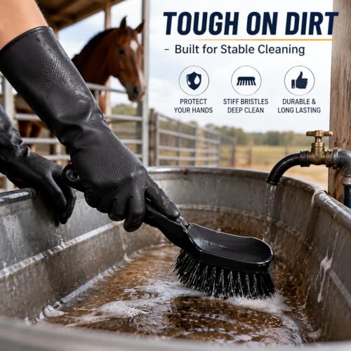 2 Pack Horse Bucket Brush Water Trough Scrub Brush, Stiff Bristle | Heavy-Duty Non-Slip Handle, Includes Cleaning Scraper and Gloves for Livestock Farms, Feed Troughs, Barns and Outdoor Use