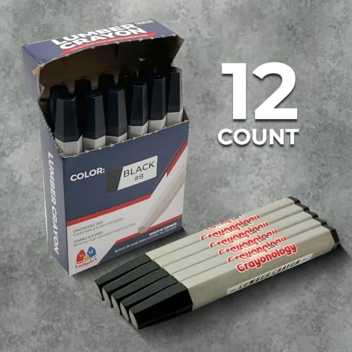 Lumber Crayons – Black, Pack of 12 | Hexagonal Construction Marking Crayons for Wood, Concrete, Asphalt, Metal | Durable, Smudge-Free, Break-Resistant - color: Black
