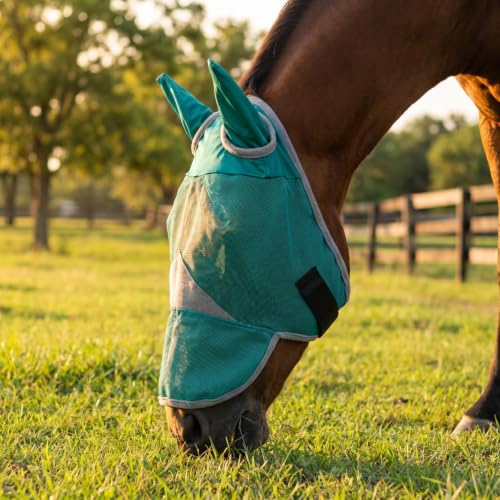 Horse Fly Mask with Ears - UV Protection, Breathable Mesh, Soft Edging for Comfort, Adjustable Fit for Horses & Ponies - Stops Flies, Bugs & Sun Bleaching, Size M - size: M