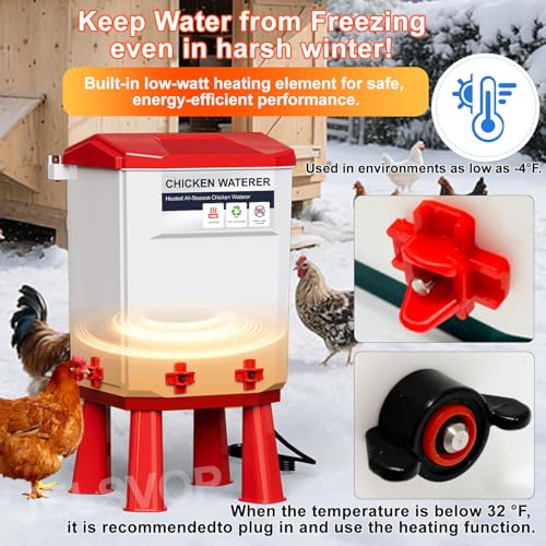 Heated Chicken Waterer, 11L Winter Chicken Water Heater Bucket with 4 Nipple Drinkers, Anti-Freezing, Winter and Summer Dual-use, Automatic Heated Poultry Drinker for Coop (Red) - size: 2.9 Gallon