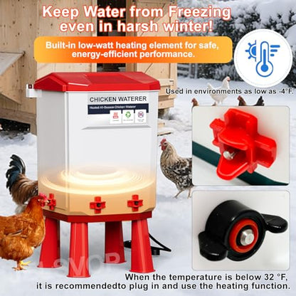 Heated Chicken Waterer, 11L Winter Chicken Water Heater Bucket with 4 Nipple Drinkers, Anti-Freezing, Winter and Summer Dual-use, Automatic Heated Poultry Drinker for Coop (Red) - size: 2.9 Gallon