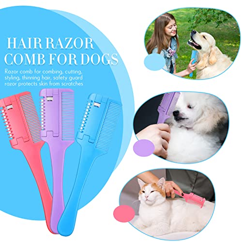 3 Pcs Pet Grooming Razor Comb with 50 Replacement Blades - Double Sided Hair Trimmer, Cutter and Scissors Tool for Dogs and Cats(Pink, Blue, Purple) - color: Pink, Blue, Purple