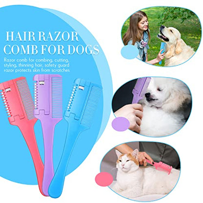 3 Pcs Pet Grooming Razor Comb with 50 Replacement Blades - Double Sided Hair Trimmer, Cutter and Scissors Tool for Dogs and Cats(Pink, Blue, Purple) - color: Pink, Blue, Purple