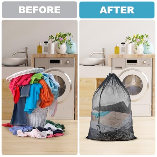 3 Pack Large Mesh Laundry Bag, 24 x 36 Inch Mesh Wash Bag with Drawstring Closure, Delicates Bag for Washing Machine - Perfect for College Dorms, Travel, Laundromats, Apartments (Black)