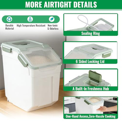 Rice Container 25 lbs Large Bulk Flour Sugar Storage Holdhouse Plastic Grain Cereal Dry Goods Bin with Spoon and Measuring Cup for Kitchen Pantry Organization - Green - color: Green