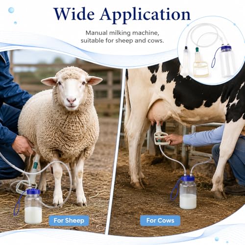 Goat Milker Hand Pump,Manual Milking Machine for Cattle & Sheep Cows,Portable Machine Farm Supplies Equipment Milker with 12.2 in Short Tube & 48.43 in Long Tube, 33.82 fl oz Collection Bottle