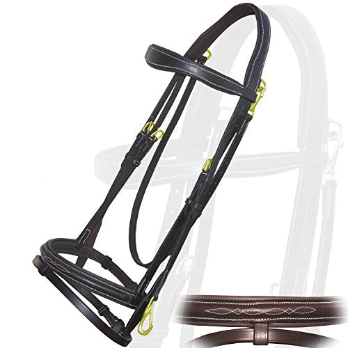 Exion English Jumping Bridle with Flash & Rubber Reins – Anatomical Padded Horse Bridle – Premium Leather Designer Stitched Hunter Jumper Tack – Brass Buckles – Pony, Cob, Full, Warmblood - color: Choco Brown, size: Over/Warm Blood Size