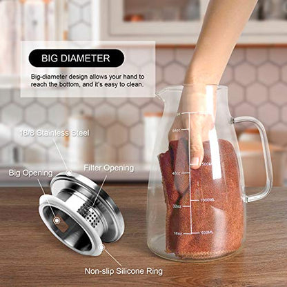 Aofmee Glass Pitcher with Lid and Handle, Glass Water Pitchers, 2 Liter | Thickened Borosilicate Glass Iced Tea Pitcher, Drip-free Spout, Heat Resistant, Stovetop Dishwasher Safe Jug Jar - size: 68oz