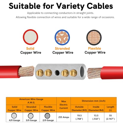 000 Gauge Wire Butt Connectors 4 PCS Tinned Brass Mechanical Butt Splice Connectors Kit 3/0 AWG Mechanical Repair Splice Kit Splice Screw Sleeves 4 PCS Mechanical Splices & 3:1 Heat Shrink Tubes - size: 000 (3/0) Gauge, style: Mechanical Splice - Tinned B