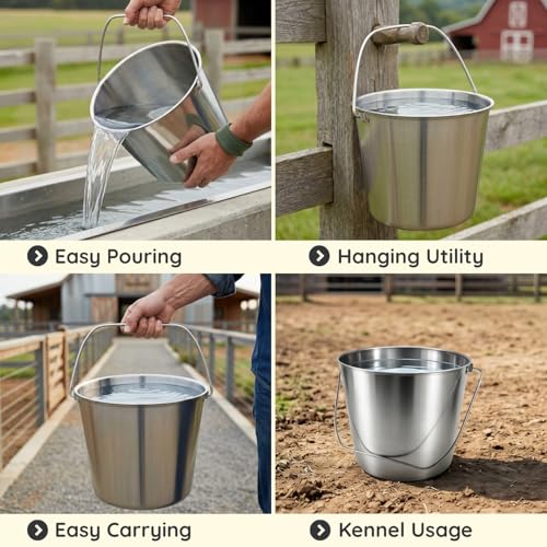 13 Quart Heavy Duty Stainless Steel Round Bucket with Arc Handle, Metal Feed Bucket, Water Pail for Dogs, Horses, Goats, Livestock, Farm & Kennel - size: 13 Quarts