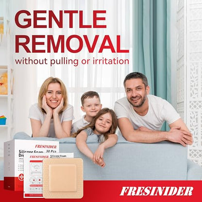 FRESINIDER Silicone Foam Dressing 4" x 4", 30 Pack – Soft Silicone Wound Dressing Pads for Bed Sores & Pressure Ulcers, Post-Surgery Care, Absorbent, Breathable & Gentle on Skin - color: 4" X 4", 30 Pack