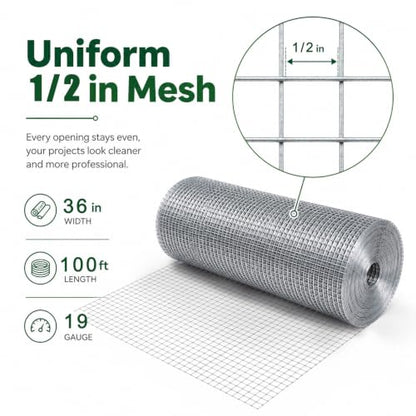 Hardware Cloth Roll 1/2 in. x 3 ft. x 100 ft. 19-Gauge | Chicken Wire Mesh Roll, Chicken Wire Fencing, Wire Fence Roll, Garden Fence, Tree Fence, Rodent Mesh, Gopher Guard - size: 1/2'' x 36'' x 100'