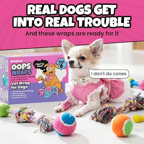Funny Vet Wrap for Dogs, 2in Self-Adhesive Bandage Tape, 6 Pack Girls | Dog first aid kit supplies; Hot Spot & Wound Wrap; Breathable; Easy Tear; Individually Wrapped; Sticks to Itself, Not Fur - color: Drama Queen (6 Count)