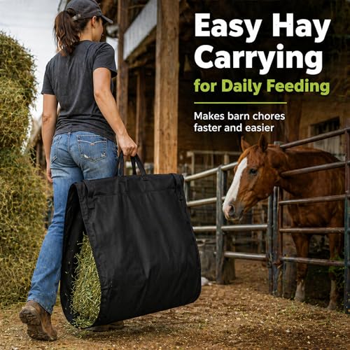 Hay Handler Bags Black Large Hay Feeder Flake Carrier for Horses Heavy Duty Nylon Holds 2 to 3 Flake Reinforced Handles Barn Stable Pasture Feeding Goats Livestock for Stable Feeding Farm