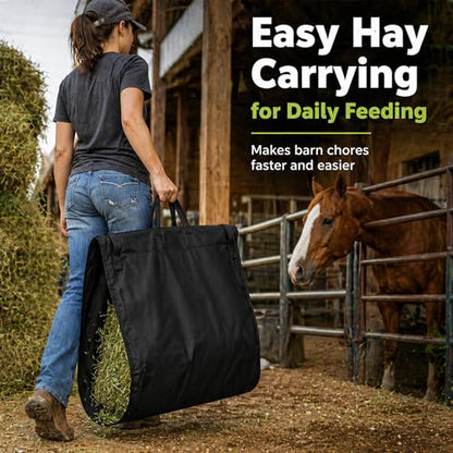 Hay Handler Bags Black Large Hay Feeder Flake Carrier for Horses Heavy Duty Nylon Holds 2 to 3 Flake Reinforced Handles Barn Stable Pasture Feeding Goats Livestock for Stable Feeding Farm