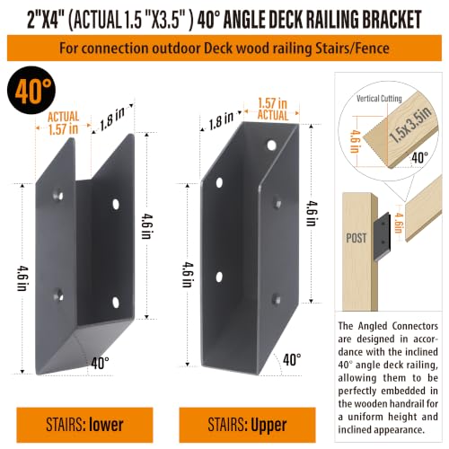 40° Stair Angle Stainless Steel Deck Railing Brackets Connectors for 2"x4" (Actual 1.5"x3.5") Railing Wood Post (4 Pair) - size: Angle 40°
