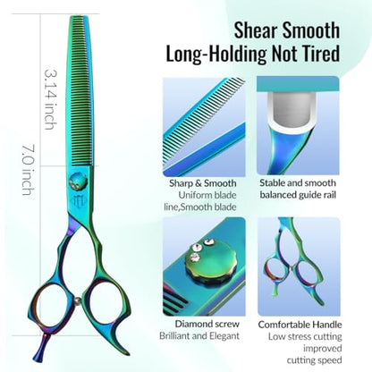 Dog Grooming Scissors: 7" Straight Pet Shears Skeletonized blade Made Of Japanese 440C for Trimming Dogs Cats and Other Pets Green (Thinning G, 7") - style: Thinning