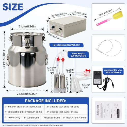 2-in-1 Goat and Cow Milking Machine, 3.7Gal Stainless Steel Bucket with 5200mAh Built-in Rechargeable Battery, Cordless Electric Vacuum Pulsator, 4 Teat Cups, Portable Electric Milking Machine (14L)