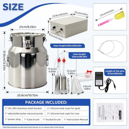 2-in-1 Goat and Cow Milking Machine, 3.7Gal Stainless Steel Bucket with 5200mAh Built-in Rechargeable Battery, Cordless Electric Vacuum Pulsator, 4 Teat Cups, Portable Electric Milking Machine (14L)