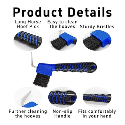 Blue Horse Hoof Pick Brush, Soft Grip Handle with Stiff Bristles for Effective Hoof Cleaning Portable Grooming Tool - color: Blue