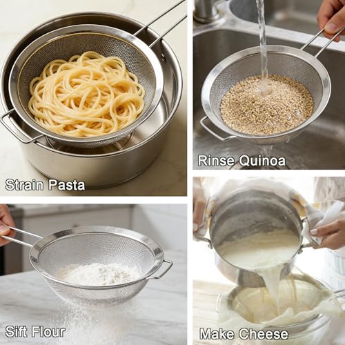 Large Fine Mesh Strainer with Sturdy Handle, 8.66” Stainless Steel Strainers, Bonus 20x20 Inch Reusable Cotton Cheese Cloths with 4 Hemmed Edges, Sieve Sifter for Straining, Cooking, Baking