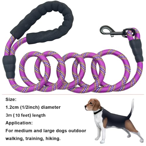 MayPaw Heavy Duty Rope Dog Leash, 6/8/10/15/20/30FT Long Nylon Pet Leash, Soft Padded Handle Thick Lead Leashes for Large Medium Dogs (Purple, 1/2" * 10') - color: purple, size: 1/2" * 10'
