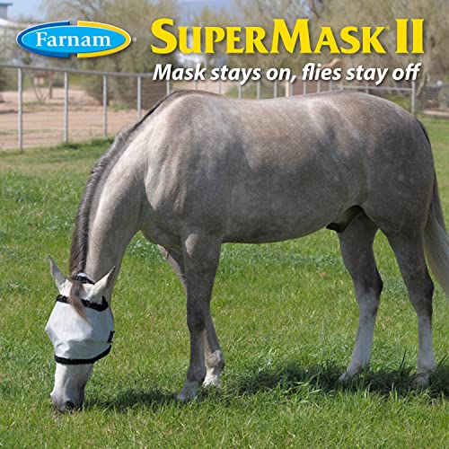 Farnam SuperMask II Shimmer Weave Mesh Horse Fly Mask Without Ears, Eye Protection from Insect Pests, Soft Silver Mesh with Black Plush Trim, Horse Size - size: Horse, style: Foal, Yearling, Small Horse/Arabian, Horse, Extra Large