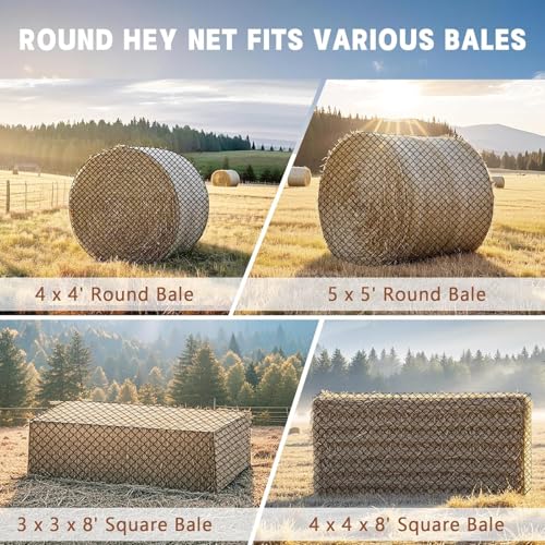 6×6ft Large Round Bale Hay Nets for Horses, 6x6 ft Hay Net for Horses Slow Feed Knotless, Slow Feeder Hay nets for Horses, Fits Round Bales 4x4ft, 5x5ft, 6×6ft, Square Bales 3x3x8ft and 4x4x8ft - size: 6x6 Ft