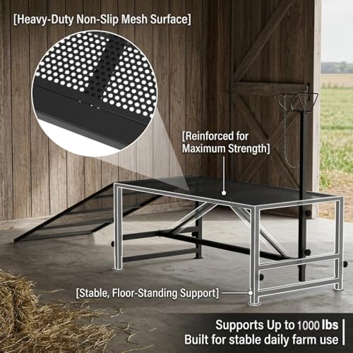 53x26"Goat Sheep Stand with Removable Ramp & Feed Tray, 1000LBS Livestock Trimming Stand, Adjustable Height for Milking Shearing Hoof Care Metal Construction
