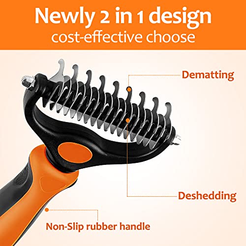 Undercoat Rake for Dogs, 2 in 1 Dematting Comb & Deshedding Tool for Long Hair Pets, Pet Hair Grooming Brush, Clear Mats and Tangles, Reduces Shedding by 95% - color: Orange