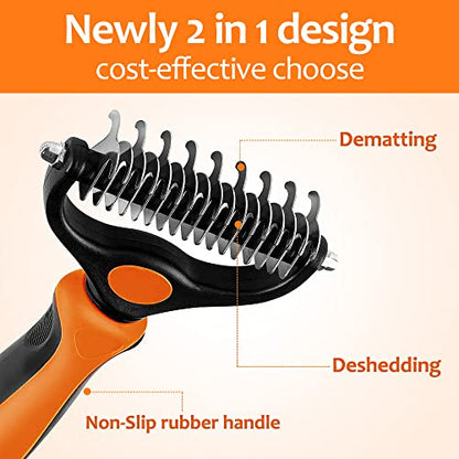Undercoat Rake for Dogs, 2 in 1 Dematting Comb & Deshedding Tool for Long Hair Pets, Pet Hair Grooming Brush, Clear Mats and Tangles, Reduces Shedding by 95% - color: Orange