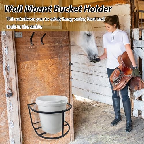 1 Pcs Horse Feed Pail Wall Mount,Heavy Duty Metal Wall Mount Water Bucket Holder for Horses Feed,Barn,Farmhouse Supplies(5 Gallon,Black)