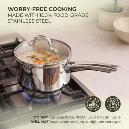 Sunhouse: Stainless Steel Saucepan - Classic: 2 Quart - Tempered Glass Lid, 3-Ply Bottom, Round-Edge Cookware Pot, All Cooktop-Oven-Dishwasher Safe