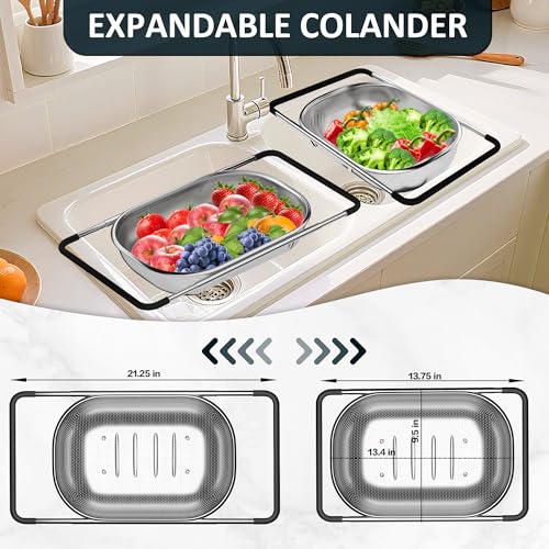 Over the Sink Colander - Strainers and Colanders - Sink Strainer Basket - Expandable Fine Mesh Strainer with Rubber Grip for Veggie, Fruits, Pasta, Home Kitchen Essentials (9.5W x 13.4-21.3L x 3.3H) - color: Light Black