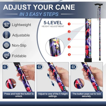 supregear Folding Cane, 5-Level Adjustable Height Walking Stick Lightweight Collapsible Portable Travel Cane with Wrist Strap and T Handle for Elderly Disabled Men Women - color: Black Large Floral