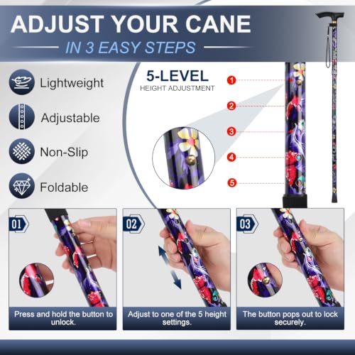 supregear Folding Cane, 5-Level Adjustable Height Walking Stick Lightweight Collapsible Portable Travel Cane with Wrist Strap and T Handle for Elderly Disabled Men Women - color: Black Large Floral
