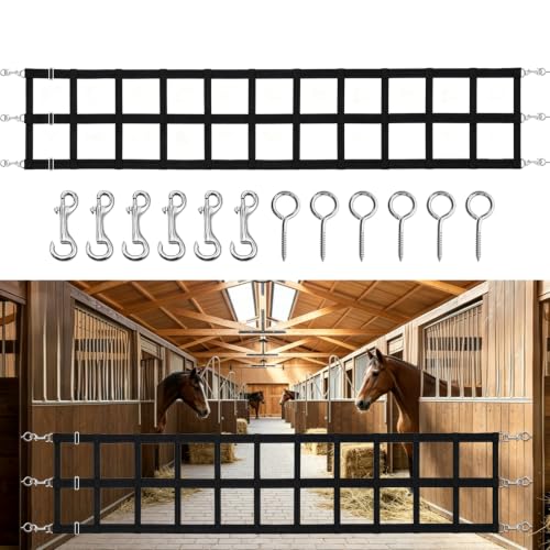 Horse Stall Guards with Adjustable Straps, High Tenacity Nylon Barn Door Guards with Screw Eyes and Open-End Snaps for Barn Ventilation & Safety, 20''H x 12'L, Black