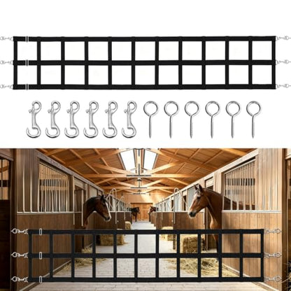 Horse Stall Guards with Adjustable Straps, High Tenacity Nylon Barn Door Guards with Screw Eyes and Open-End Snaps for Barn Ventilation & Safety, 20''H x 12'L, Black
