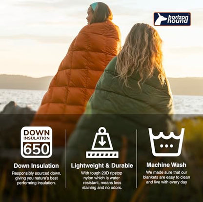 Horizon Hound Down Camping Blanket 650 Fill Power - Ultralight Backpacking Quilt (1lb 6oz) Warm & Water-Resistant 20D Nylon Shell for Outdoors, Camping, Hiking, Travel, & Stadium - Packable - color: Green
