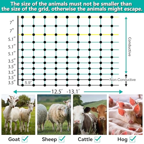 PPOLB Electric Fence Netting - 47.2" H x 164' L, Portable Movable Livestock Nets Mesh for Lambs, Dogs, Deer, Larger Animals Electric Fencing for Backyards, Homesteaders, Farms Ranches, and Gardens - size: 47.2" H x 164' L Livestock