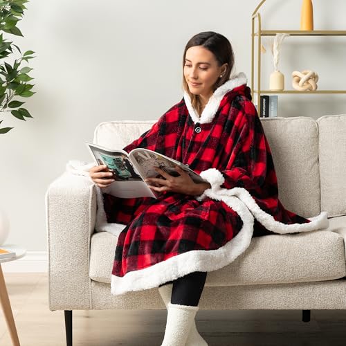 PAVILIA Hooded Blanket Poncho, Fleece Wearable Shawl Wrap Throw, Plaid Red | Fleece Shawl Wrap with Hood, Adult Wearable Blanket, Cozy Warm Poncho Cape Throw with Pockets, Gift for Elderly Mom - color: Checker Red