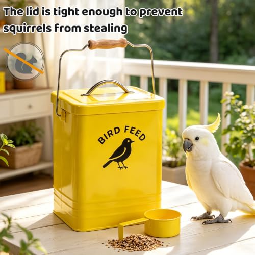 Bird Seed Storage Container, Airtight Metal Bird Food Canister Holds 5-6 LBS Wild Bird Feed, Metal Bird Feed Tin with Wooden Handle & Measuring Scoop, Dry Pet Snack & Grain Storage Bin - color: Yellow