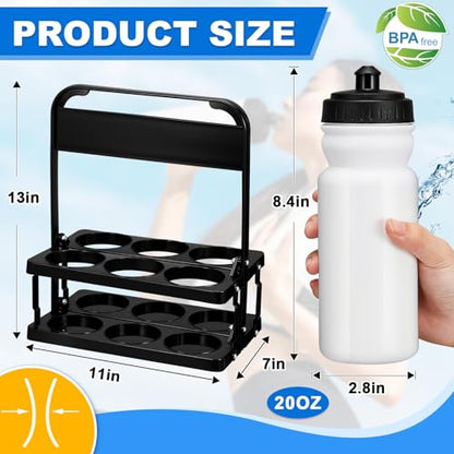 Suclain Squeeze Water Bottles with Carrier, 14 Pcs, White | Wide Mouth 20 oz for Team Sports, Squeeze Design Black Lids, Stickers Included, Gym Bike Fitness Cycling Workout - color: White