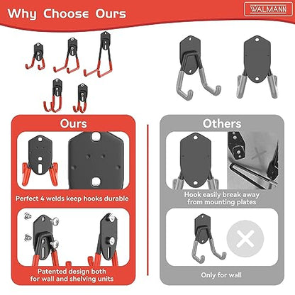 WALMANN Garage Storage Hooks, Wall Mount Utility Hooks for Tools | Wall Hooks for Ladders, Cords, Folding Chairs, Shovels and Rakes, Shelving Hooks for Keyhole Shelving Units - style: Orange-red Hook
