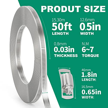 OURU 50FT Hose Clamps,304 Stainless Steel Hose Clamp Assortment Kit DIY Metal Strapping with Holes+20 Fasteners,Adjustable Worm Gear Large Hose Clamps Metal Band Screw Clamp Straps for Pipe,Duct,Tube - size: 50FT Metal Strapping+20 Fasteners