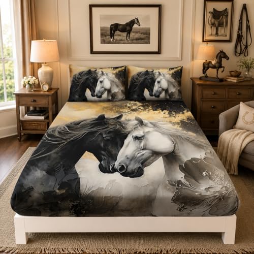 Horses Aesthetics Bedding Full Size,1 Fitted Sheet+2 Pillowcases. - color: Black-gold, size: Full