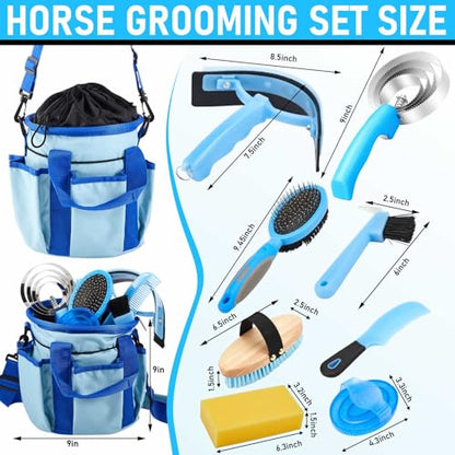 Cunhill 9 Pcs Horse Grooming Kit Tack Room Supplies, Classic, Light Blue - color: Light Blue, style: Classic