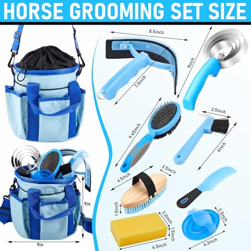 Cunhill 9 Pcs Horse Grooming Kit Tack Room Supplies Set with Tote Bag, Oval Massage Curry, Hard and Soft Brush, Hoof Pick, Sweat Scraper, Bathing Sponge, Comb for Horse Rider(Classic,Light Blue) - color: Light Blue, style: Classic