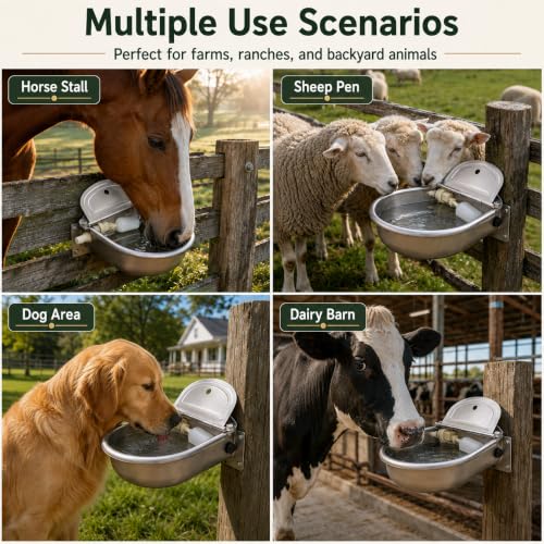 Dog Water Bowl Dispenser, Automatic Pet Water Dispenser, 3L Outdoor Stainless Steel Drinking Trough, Livestock Waterer with Float Valve and Drain Hole for Horses, Goats and Cattle