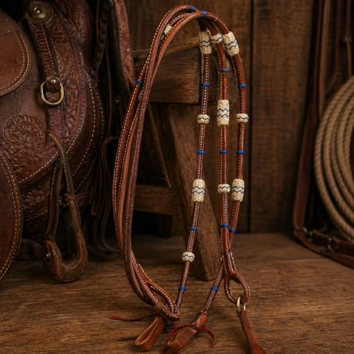 CHALLENGER USA Horse Western Tack Leather Rawhide Romal Reins 66RT36 - color: Tan Royal Blue